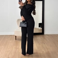 Elegant two-piece black long sleeve wide leg trousers set for women's autumn style - Black