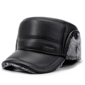 Men's winter flat top leather hat in black with ear flaps and thick faux fur lining - One Size / Gray