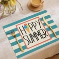 Detalle del mantel individual de lino con estampado Happy Summer y rayas azules - Happy Summer Helado Rayas Azules y Blancas