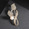 Elegant tulip brooch with sparkling rhinestones and a large pearl on a gold-plated stem - Gold Tulip