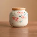 Mini white ceramic tea canister with hand-painted peach blossoms and wood lid, 200ml - Hand Painted - Peach Blossom