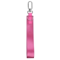 Close-up of pink woven nylon wristlet strap with metal swivel lobster clasp and D-ring - Rose Red
