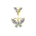 Sparkling golden butterfly belly button ring with crystal zircon insets on white background - Gold White Zirconia