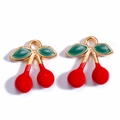Pair of cherry charms in red enamel and gold finish for DIY jewelry making - 3D Cherry
