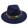 Detail of navy fedora with bohemian band featuring turquoise beads and tassel - One Size (Flat Brim) / Navy Blue
