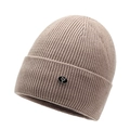Khaki ribbed knit beanie with cuffed brim and metal logo tag for autumn and winter - One Size / Khaki
