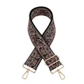 Detail view of ethnic paisley jacquard strap with adjustable light gold metal buckles - Black Nude Pink
