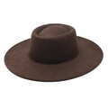 Close-up of classic dark brown wool felt flat top hat with structured wide brim - Brown