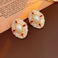Vintage baroque gold earrings with oval white pearl and red small gemstone accents - 925 Silver Earring Post / Beige