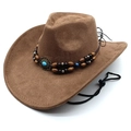 Klassischer brauner Cowboyhut aus Wildlederimitat mit Holzperlen und Türkis-Verzierung - M (56-58cm) / Hellkaffee