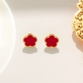 Red five-petal flower stud earrings with gold plating on a minimalist background - Red (9671 Earring Red Shell Gold)