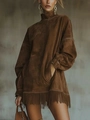Deep brown high-neck suede dress with loose sleeves and stylish fringe hem detailing - S / Dark Brown