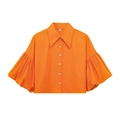 Detailed flat lay of a bright orange puff sleeve button-up shirt with a classic collar - Orange