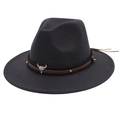 Detail of black fedora with western bull skull buckle and braided leather band - Dark Gray