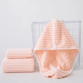 Pink coral fleece towel set with quick-dry hair wrap and striped microfiber texture - Face Towel / Pink