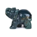 Natural dark green jade elephant figurine with unique stone textures on white background - India Agate / 1.5 Inches
