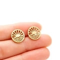Minimalist gold stainless steel geometric sun and wave hollow round stud earrings - Sunrise and Wave / Gold