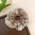 Blue and brown plaid oversized scrunchie with white lace trim and gold metal heart detail - T121 Blue Brown Plaid Lace