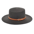 Detail of black woven straw boater hat featuring a brown faux leather band with buckle - M (56-58cm) / Black