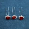 Close-up of three U-shaped bridal hair pins with red metal roses and sparkling rhinestones - Red Rose Rhinestone Style (FZ-001) / 3pcs / Red