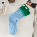 Green and light blue color block crew socks with VT label and ribbed cotton texture - One Size / Light Blue