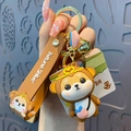 Cute Fortune Shiba monkey zodiac keychain with brown wrist strap and gold bell accessory - Zodiac Monkey Shiba Inu