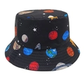 Detail view of the cosmic planet print and reinforced stitching on a black bucket hat - M (56-58cm) / Black