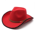 Classic red wool fedora western cowboy hat with black pompom trim and leather band - M (56-58cm) / Red