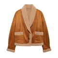 Vintage bruine faux suède jas met beige lamswollen kraag en losse pasvorm voor dames - XS / Chocolade