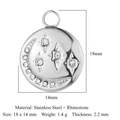 Silver stainless steel moon pendant with rhinestone and detailed size specifications - VC586 / Silver Round Moon Star