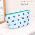 Blue floral quilted makeup bag with hexagon shape and silver flower zipper pull - Blue Hexagonal Bag