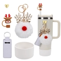 Christmas reindeer accessory set with cream silicone boot and pompom on Stanley cup - Christmas Reindeer Theme