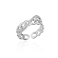 Adjustable silver ring featuring a wave design with sparkling clear zircons and chain texture - Adjustable Open / Silver Chain Cross Style (P3014447)