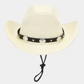 Detail of cream straw hat featuring black leather band with silver studs and chin strap - Ivory