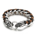 Men's braided leather bracelet featuring vintage dragon head clasp in silver steel - Retro Dragon Head Style (KB43515-D)