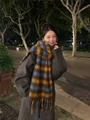 Thick warm mohair scarf featuring brown and blue plaid pattern with soft tassel edges - Blue & Coffee Plaid