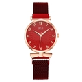 Women's quartz watch with red sunray dial and rose gold mesh strap with magnet buckle - Red