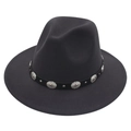 Chapeau fedora en feutre noir classique avec bande en cuir et rivets métalliques - M (56-58cm) / Gris clair
