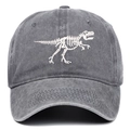 Close-up of dinosaur skeleton embroidery on washed dark gray cotton baseball cap - One Size / Gray
