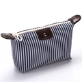Blue and white striped canvas cosmetic bag with brown PU leather trim and white zipper - Black
