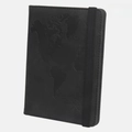 Black leather RFID passport holder with world map embossing and elastic strap - Black