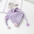 Kids' purple plaid cotton linen triangle scarf with cute plush star and pompom trim - Purple and Pink Plaid
