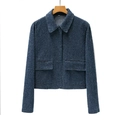 Deep blue textured tweed cropped jacket with long sleeves and front pockets on white background - XS / Tops / Aqua