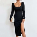 Elegantes schwarzes Langarm-Midikleid mit Karree-Ausschnitt und hohem Schlitz für Damen - S / Schwarz