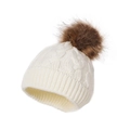 Winter knitted baby beanie in cream white featuring a fluffy brown pompom and cable knit - One Size / White