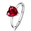 Adjustable silver ring featuring a sparkling red heart-shaped zircon gemstone - Ring / Red Zirconia