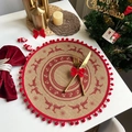 Jute Christmas placemat with red pom poms and reindeer print for festive table decor - Style 3 Red (Pom-poms)