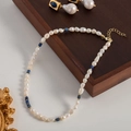 Baroque pearl necklace and earrings set with blue beads and golden accents - Baroque Pearl Blue Bead Gold Spacer Necklace Set (G-e-030)