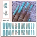 Long square press-on nails with 3D flowers, blue bow rhinestones and glitter finish - SGCY-300 / Glue Type