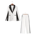 Women's professional two-piece suit with black contrast panels and white straight-leg trousers - S / White And Black Patchwork Blazer And Trousers Set